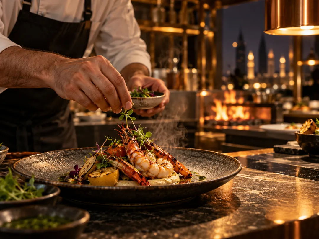 Chef plating a dish in a restaurant