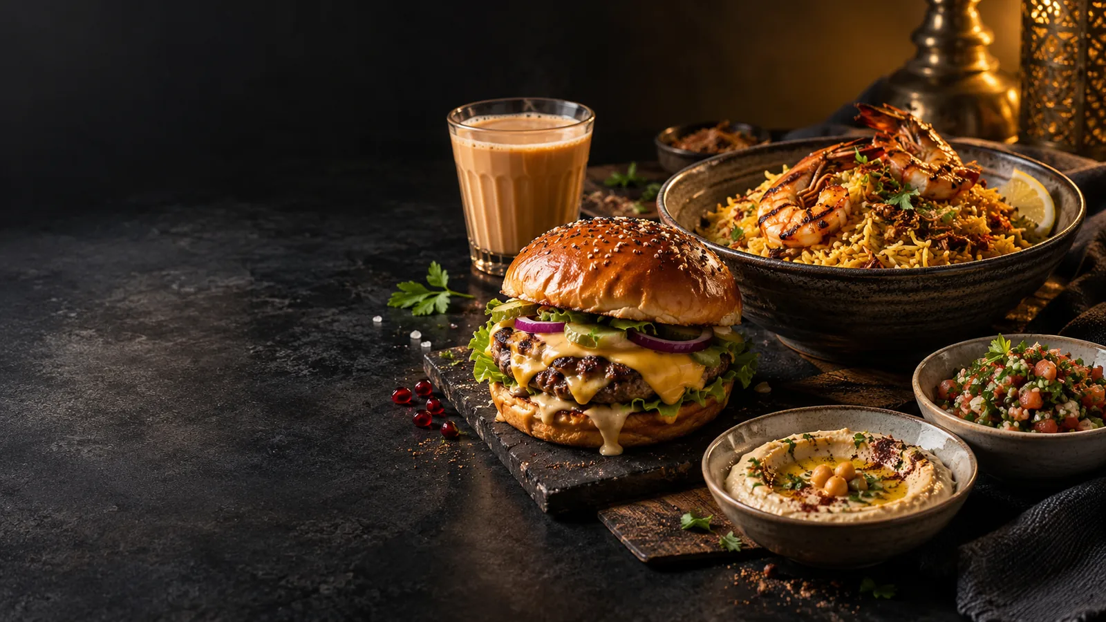 Creative food photograph with assorted dishes